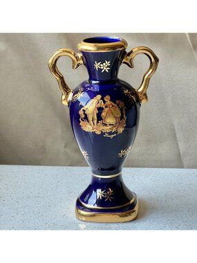 Bardet Vase Limoges Cobalt Blue & Gold Porcelain Double Handles Courting Couple